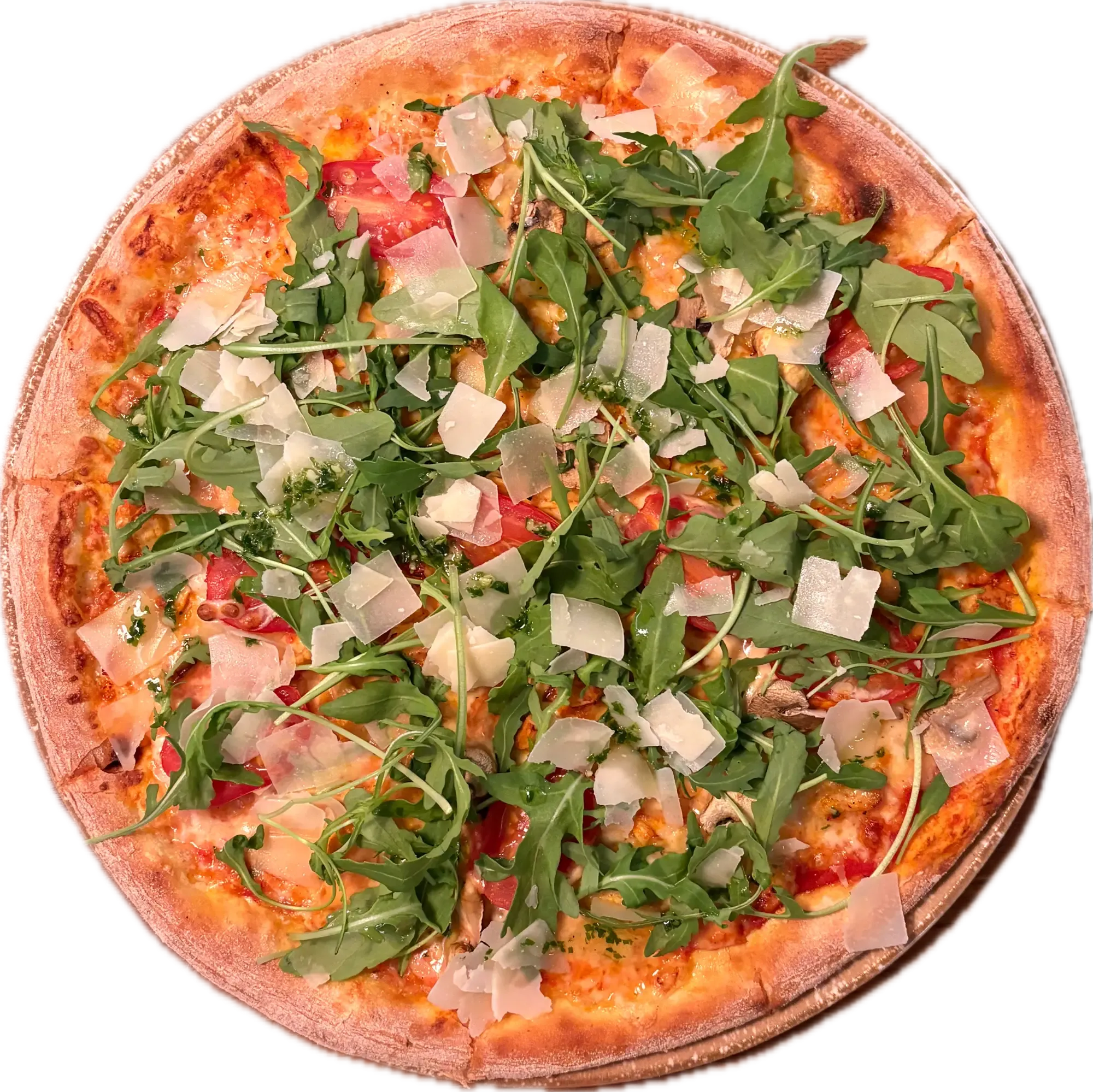 Bella Home Special: pizza med kylling, cherrytomater, rucola, pesto og parmesan